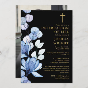 Invitation Blue Floral Christian Memorial Funérailles