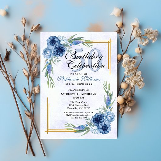 Invitation Blue Floral Classic Élégante 50e anniversaire femm