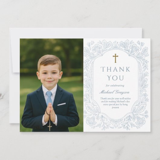 Invitation Blue Floral Communion Thank You Card (Devant)