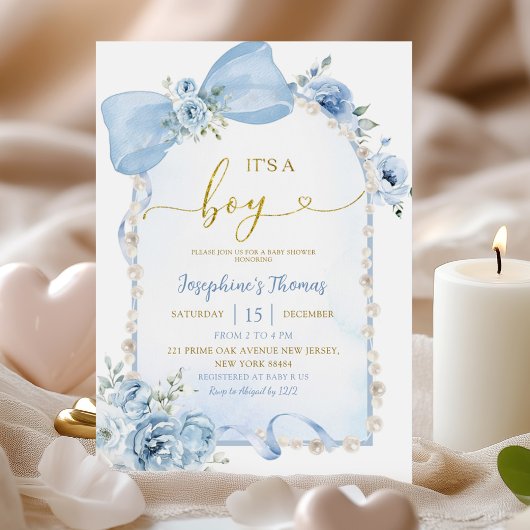 Invitation Blue Floral Coquette Bow C'est un Baby shower garç