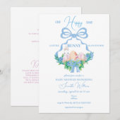 Invitation Blue Floral Crest Baby shower de lapin de Pâques (Devant / Derrière)
