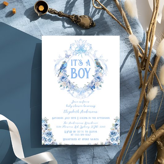 Invitation Blue Floral Crest C'est un Baby shower garçon