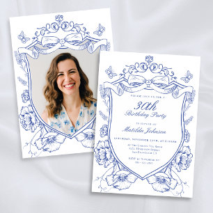 Invitation Blue Floral Custom Photo 30th Birthday Party