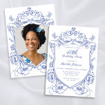 Invitation Blue Floral Custom Photo 40th Birthday Party<br><div class="desc">Blue Floral Custom Photo 40th Birthday Party Invitation. Célébrez votre jalon avec cette invitation florale bleue avec une crête vintage et un élégant design de Chinoiserie. Des détails délicats et des motifs intemporels créent un look sophistiqué, parfait pour marquer les moments spéciaux de la vie. Personnalisée et gracieuse, cette invitation...</div>