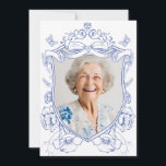 Invitation Blue Floral Custom Photo 80th Birthday Party<br><div class="desc">Blue Floral Custom Photo 80th Birthday Party Invitation. Célébrez votre jalon avec cette invitation florale bleue avec une crête vintage et un élégant design de Chinoiserie. Des détails délicats et des motifs intemporels créent un look sophistiqué, parfait pour marquer les moments spéciaux de la vie. Personnalisée et gracieuse, cette invitation...</div>