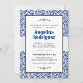 Invitation Blue Floral Damask Photo Graduation (Devant)