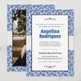 Invitation Blue Floral Damask Photo Graduation
