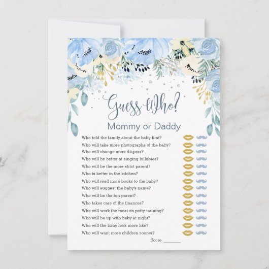 Invitation Blue Floral Devinez Qui Baby shower Jeux Invitatio (Devant)