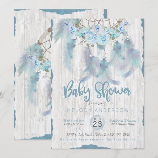 Invitation Blue Floral DreamCatcher BOHO Baby shower tribal (Devant / Derrière)