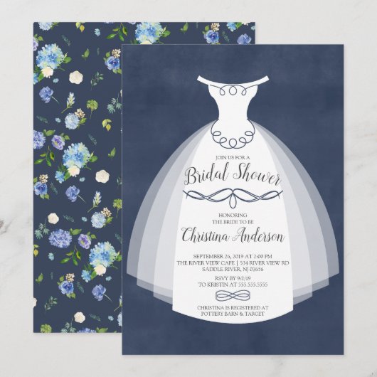 Invitation Blue Floral Elegance Bride Gown Fête des mariées (Devant / Derrière)