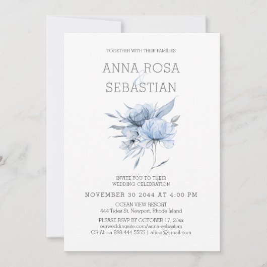 Invitation *~* Blue Floral Elegant AR15 MARIAGE Rose RSVP + (Devant)