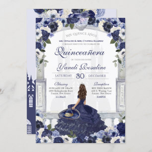 Invitation Blue Floral Elegant Charro Princesse Quinceanera