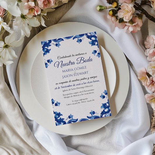 Invitation Blue Floral Elegant Fiesta Spanish Wedding