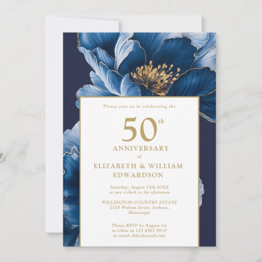 Invitation Blue Floral Elégant Moderne 50e Anniversaire (Devant)