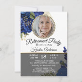 Invitation Blue Floral Elégant Photo Retraite Party (Devant)
