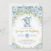 Invitation Blue Floral Elephant Boy 1er Anniversaire (Devant)