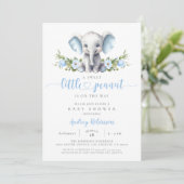 Invitation Blue Floral Elephant Petite cacahuète Baby Boy Dou (Debout devant)