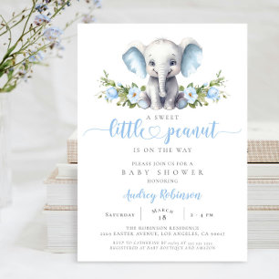 Invitation Blue Floral Elephant Petite cacahuète Baby Boy Dou