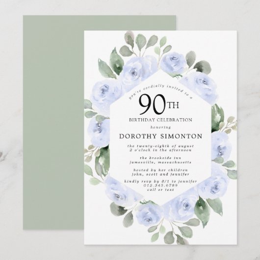 Invitation Blue Floral Eucalyptus 90ème anniversaire (Devant / Derrière)
