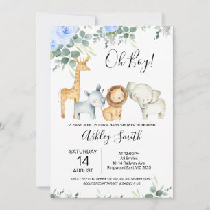 Invitation Blue Floral Eucalyptus Cute Baby shower Safari