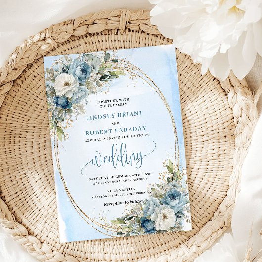 Invitation Blue Floral Eucalyptus Gold Glitter Wedding Invite