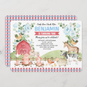 Invitation Blue Floral Farm Animals Barnyard Birthday Party (Devant / Derrière)