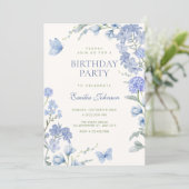 Invitation Blue floral garden birthday (Debout devant)