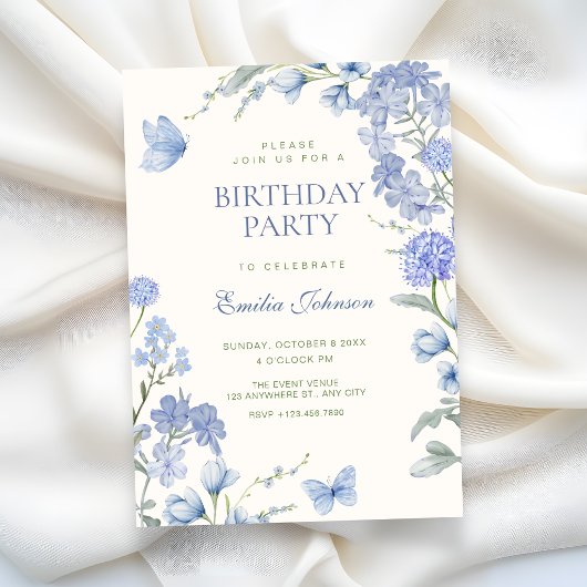 Invitation Blue floral garden birthday