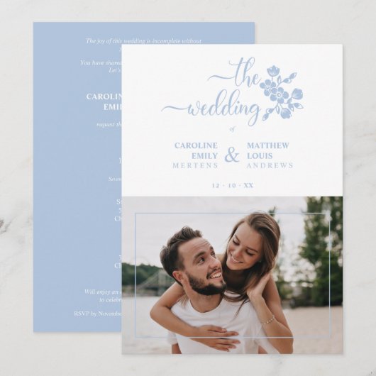 Invitation Blue Floral Garland Photo Card Couple Wedding (Devant / Derrière)