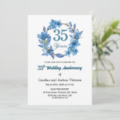 Invitation Blue Floral Gold Frame 35th Wedding Anniversary (Debout devant)