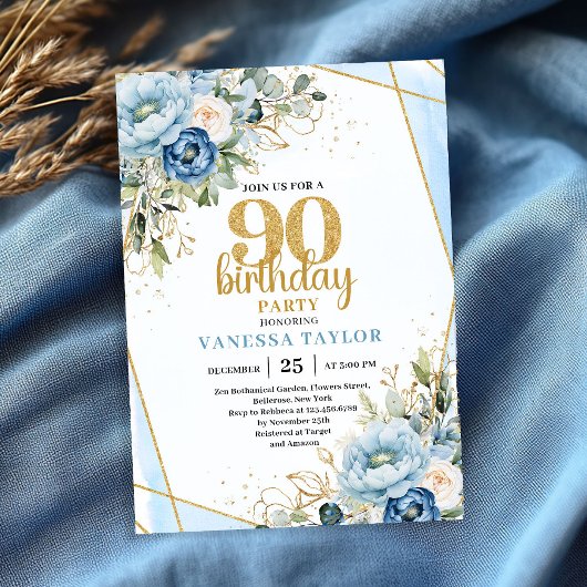 Invitation Blue Floral Gold Frame Elegant 90th Birthday