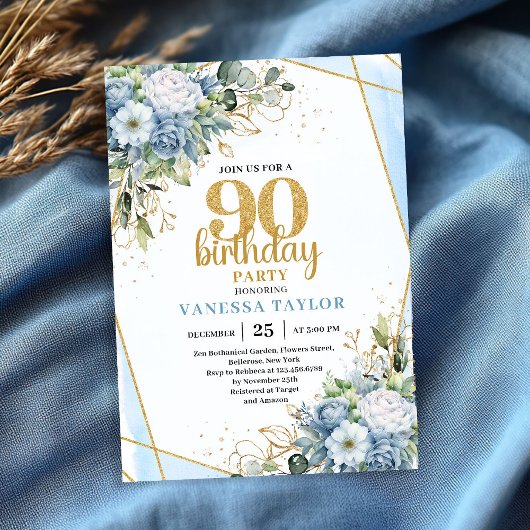 Invitation Blue Floral Gold Glitter 90th Birthday Celebration