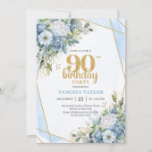 Invitation Blue Floral Gold Glitter 90th Birthday Celebration (Devant)