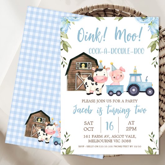 Invitation Blue Floral Grange Tracteur ferme Anniversaire Inv