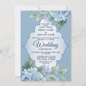 Invitation Blue Floral Green Leaves Frame Elegant Wedding (Devant)
