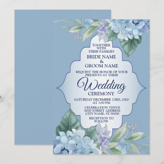 Invitation Blue Floral Green Leaves Frame Elegant Wedding (Devant / Derrière)