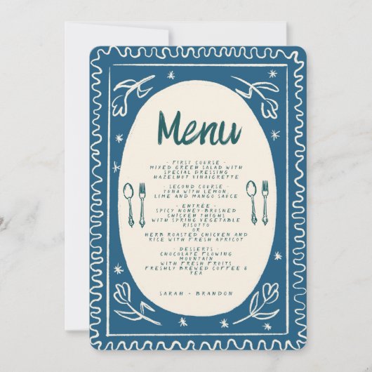Invitation Blue Floral Handwriting Modern Mariage Menu Invi (Devant)