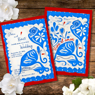 Invitation Blue Floral Heart Papel Picado Mariage mexicain