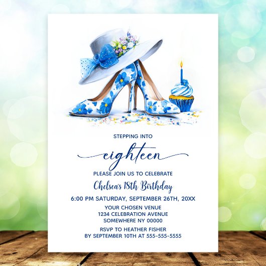 Invitation Blue Floral High Heel Shoes 18th Birthday Party