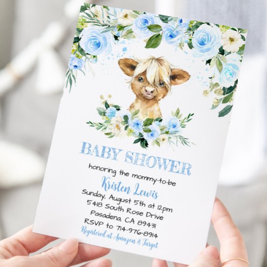 Invitation Blue Floral Highland Baby shower de vache Invitati