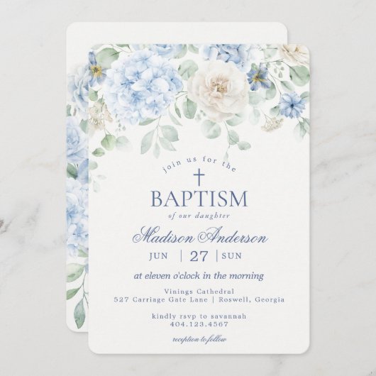 Invitation Blue Floral Hydrangea Botanical Blooms Baptême (Devant / Derrière)