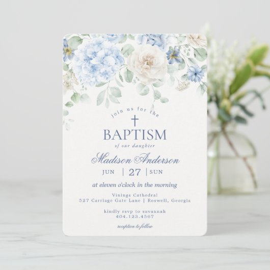 Invitation Blue Floral Hydrangea Botanical Blooms Baptême (Debout devant)