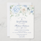 Invitation Blue Floral Hydrangea Botanical Blooms Baptême (Devant)
