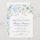 Invitation Blue Floral Hydrangea Botanique fête d'anniversair (Devant / Derrière)