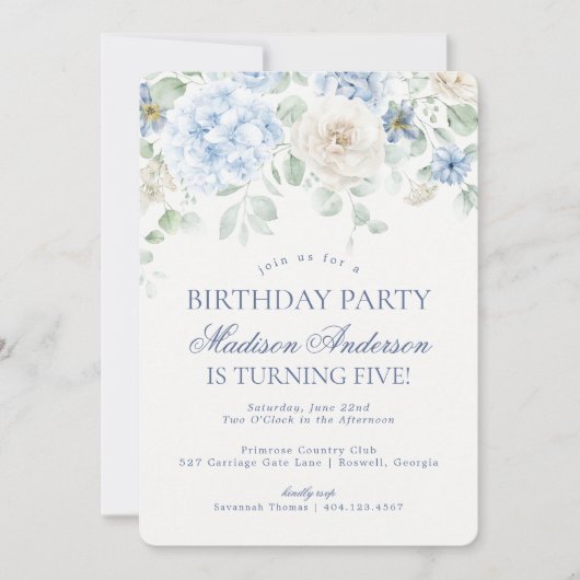 Invitation Blue Floral Hydrangea Botanique fête d'anniversair (Devant)
