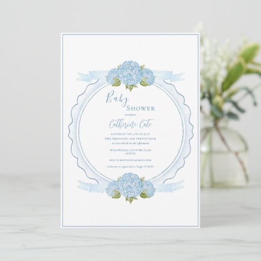 Invitation Blue Floral Hydrangea Elegant Baby Shower (Debout devant)