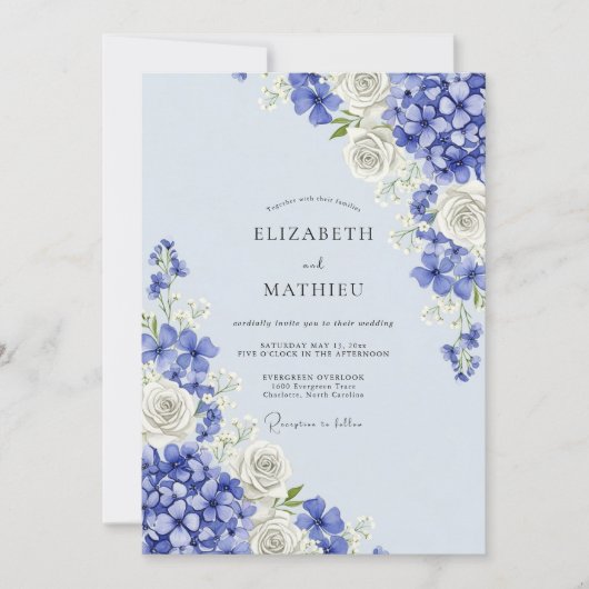 Invitation Blue Floral Hydrangea Romance Wedding (Devant)