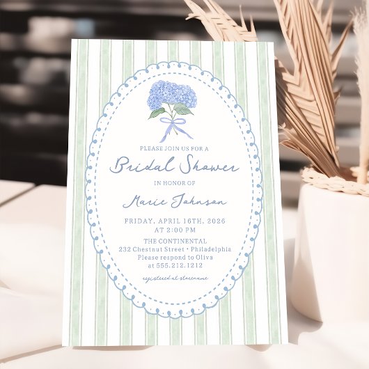 Invitation Blue Floral Hydrangea Stripes Bridal Shower