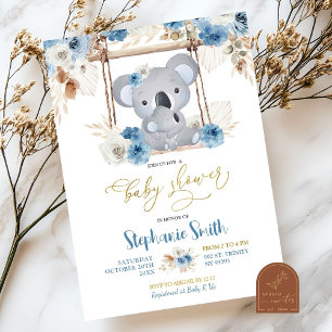 Invitation Blue Floral Koala Australian Animal Baby shower