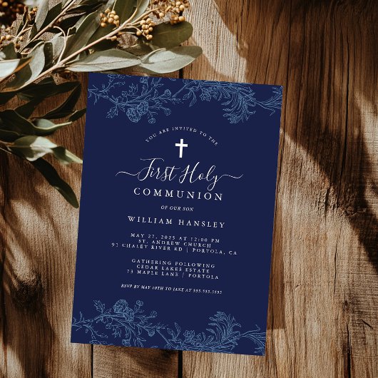 Invitation Blue Floral Leaf Boys Première Communion